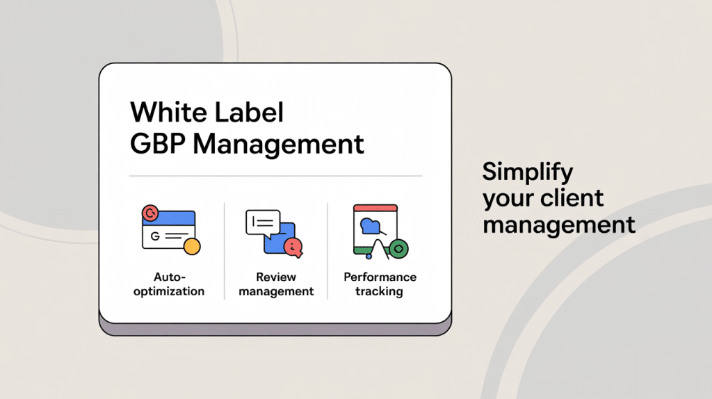 A graphic promoting White Label Platforms for Google Business Profile management, featuring icons for auto-optimization, review management, and performance tracking. Text on the right says Simplify your client management.