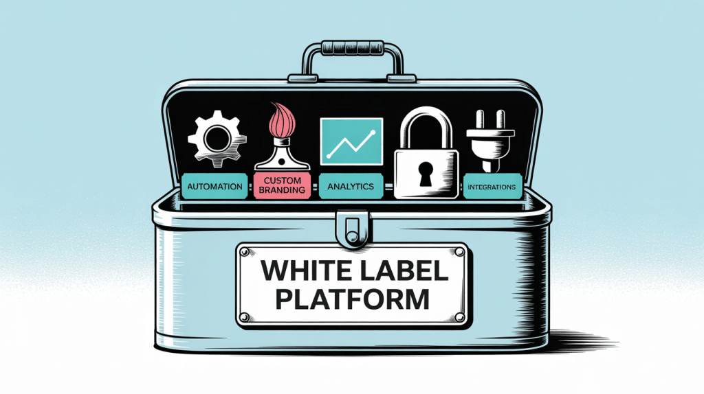 An illustrated toolbox labeled White Label Platforms For Google Business Profile features icons for automation, custom branding, analytics, security, and integrations, each with a matching label beneath the icon.