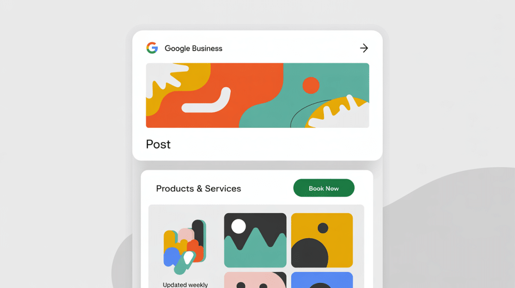 A digital interface displaying a Google Business Profile for Local SEO Success, with a colorful abstract banner, a Post section, Products & Services icons, and a green Book Now button.