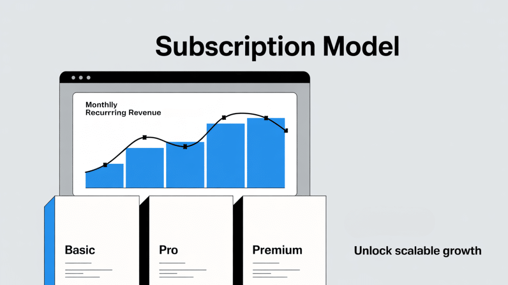 Illustration of a subscription model with a graph showing rising monthly recurring revenue above three pricing tiers: Basic, Pro, and Premium. The right side features the text Unlock scalable growth.