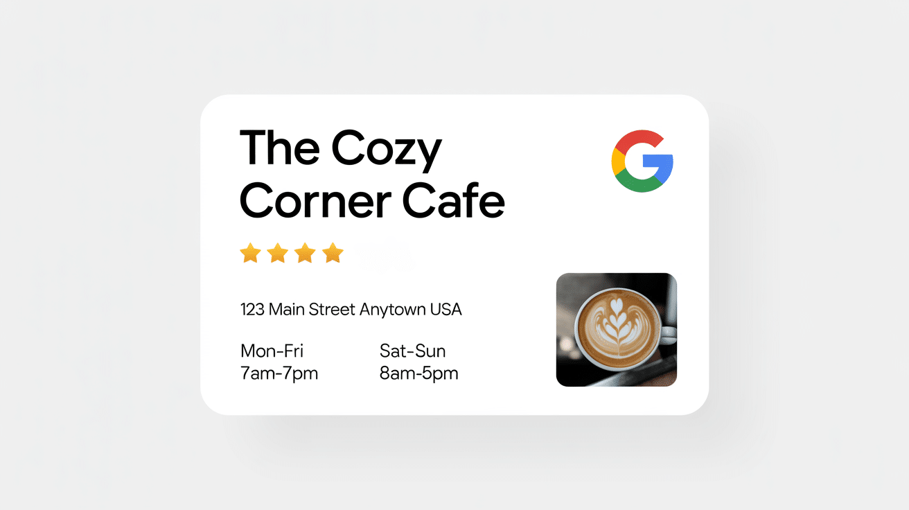A business card for The Cozy Corner Cafe featuring the Google logo, five gold stars, address, hours, and a latte with heart-shaped foam art—perfect for showcasing your Google Business Profile for Local SEO Success.