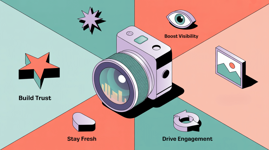 A camera sits at the center of a colorful, split background with icons and text reading Build Trust, Boost Visibility, Stay Fresh, and Drive Engagement—key benefits that help your Google Business Profile for Local SEO Success stand out.