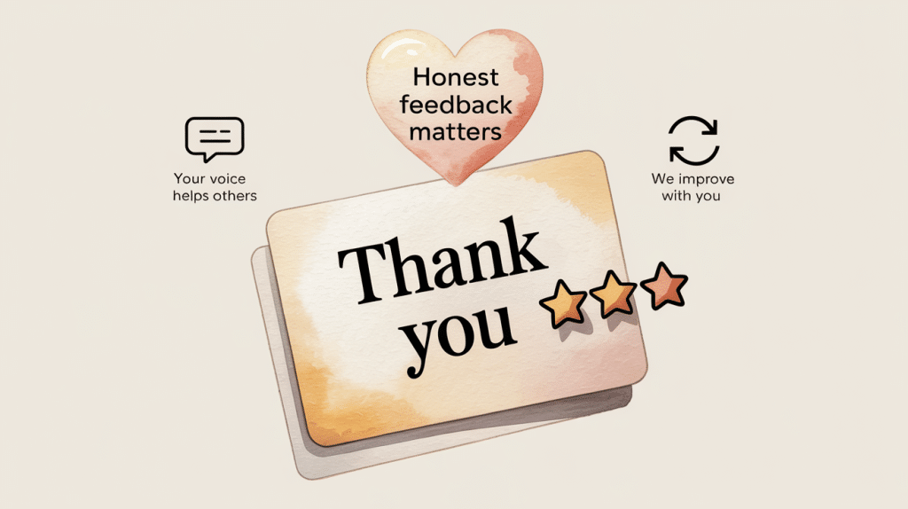 A card with “Thank you” and three orange stars. Above, a heart says “Honest feedback matters.” On the left: “Your voice helps review generation” with a chat icon. On the right: “We improve with you” with a refresh icon.