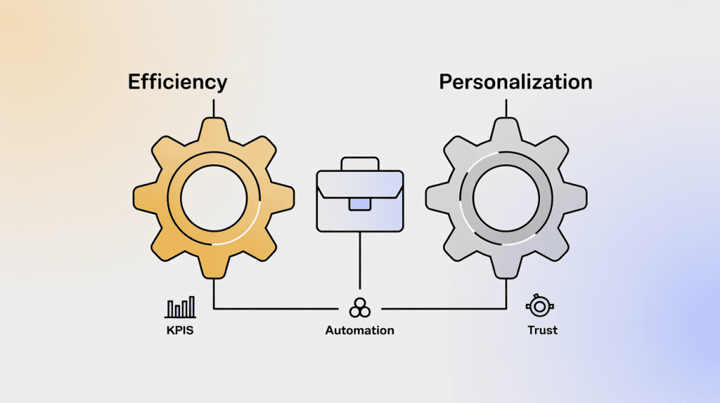 Diagram showing two gears labeled Efficiency (left, yellow) with icons for KPIs, and Personalization (right, gray) with an icon for Trust. Both are connected to a central briefcase labeled Automation, illustrating the benefits of white label CRM software.