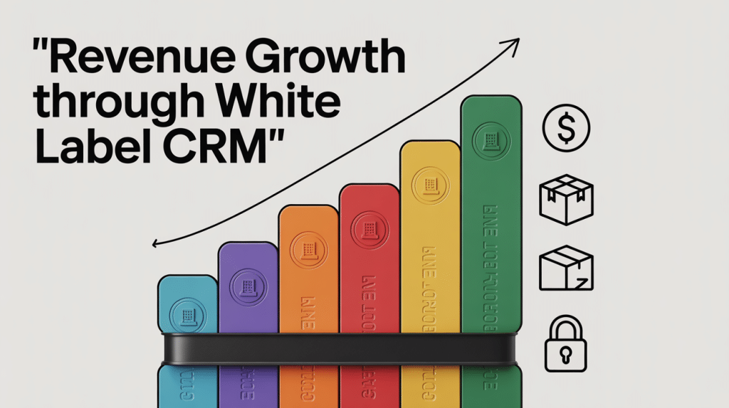 Bar graph made of colorful blocks with an upward trend line. Icons of a dollar sign, package, and padlock are on the right. Title text reads: Revenue Growth through White Label CRM Software.