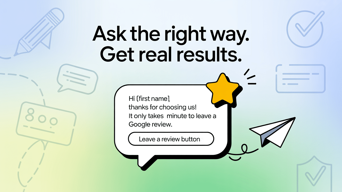 A graphic with the text Ask the right way. Get real results. features a speech bubble with a review request message, showing How to Ask for Google Reviews, plus a gold star and paper airplane. Pencil, speech bubble, and check mark icons are in the background.