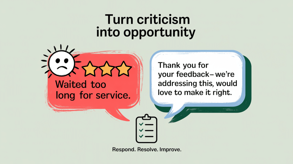 Illustration showing a sad face and 3 stars in a red speech bubble saying, “Waited too long for service,” next to a blue speech bubble saying, “Thank you for your feedback—we’re addressing this. How to Ask for Google Reviews the right way.”.
