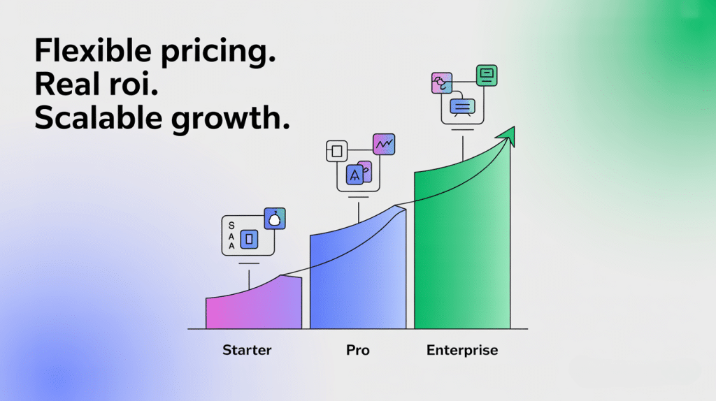 Bar graph with three ascending segments labeled Starter, Pro, and Enterprise, featuring analytics and growth icons. Text on the left reads: Flexible pricing. Real roi. Scalable growth for your white label reputation management platform on a gradient background.