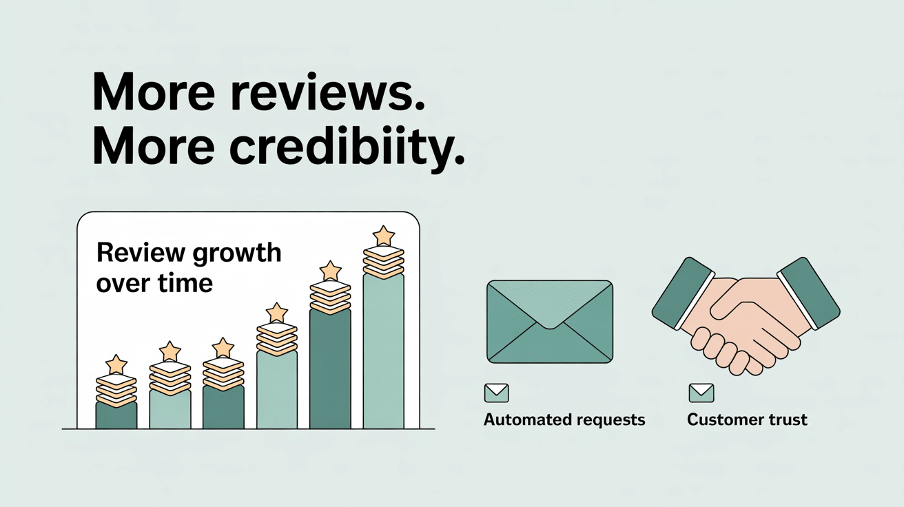 A chart showing review generation growth over time with rising bars topped with stars, next to icons of an envelope labeled Automated requests and shaking hands labeled Customer trust. Text reads: More reviews. More credibility.