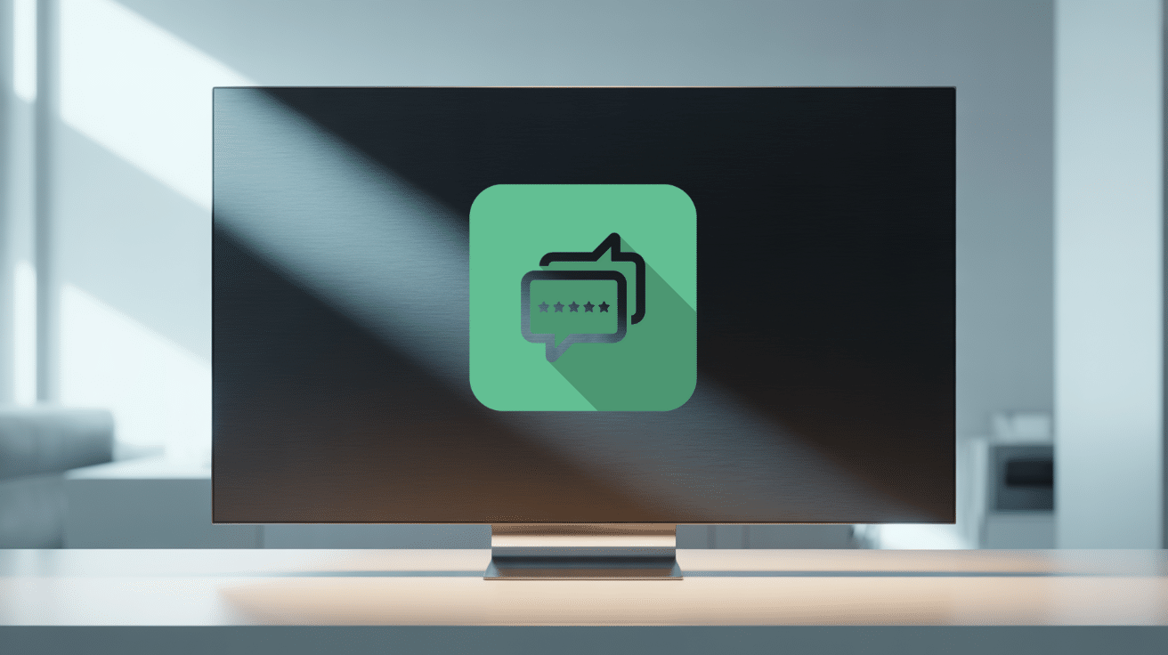 A computer monitor on a desk displays a green icon with a chat bubble and five-star rating, showcasing a white label reputation management platform. Sunlight streams across the modern, minimalistic room in the background.