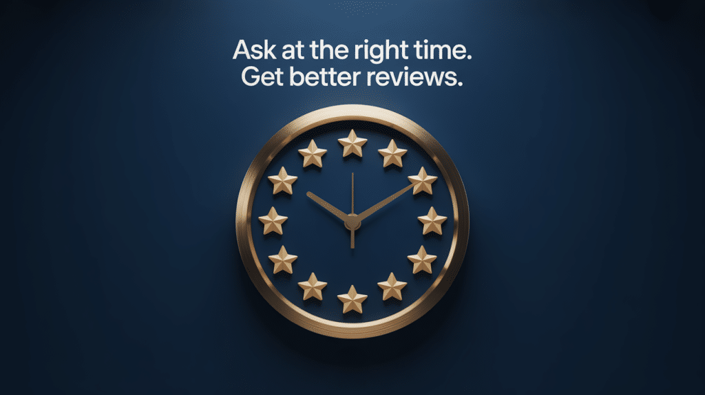 A gold clock with stars marking the hours is set against a dark blue background. Above the clock, white text reads: How to Ask for Google Reviews—ask at the right time to get better reviews.