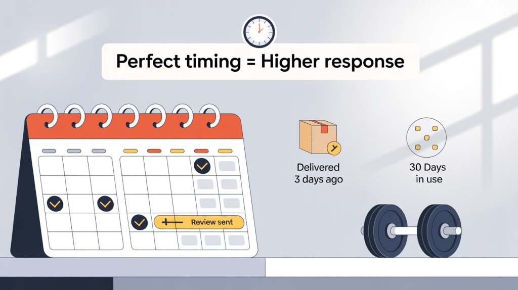 A calendar with check marks, a clock above, a package labeled Delivered 3 days ago, a circle showing 30 days in use, and a dumbbell. Text reads: Perfect timing = Higher review generation response.