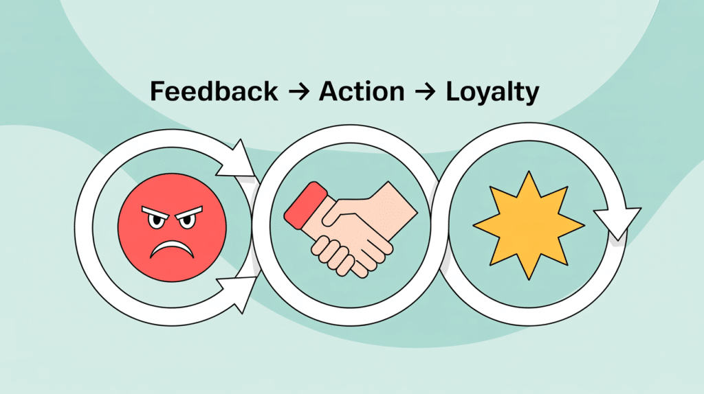 Diagram showing three circles: a red angry face (feedback), a handshake (action), and a yellow star (loyalty), connected by arrows and the text Feedback → Action → Loyalty above them, illustrating the review generation process.