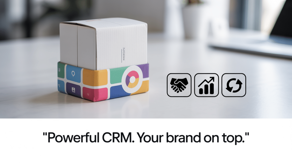 A white box with a colorful, icon-patterned base sits on a desk. Icons of a handshake, graph, and refresh are nearby. Text below reads: Powerful white label CRM software. Your brand on top.