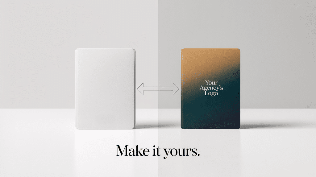 Two cards side by side with a double-sided arrow between them; the left card is blank, and the right card has Your Agency’s Logo. Large text reads, Make it yours. The split background highlights your white label reputation management platform.