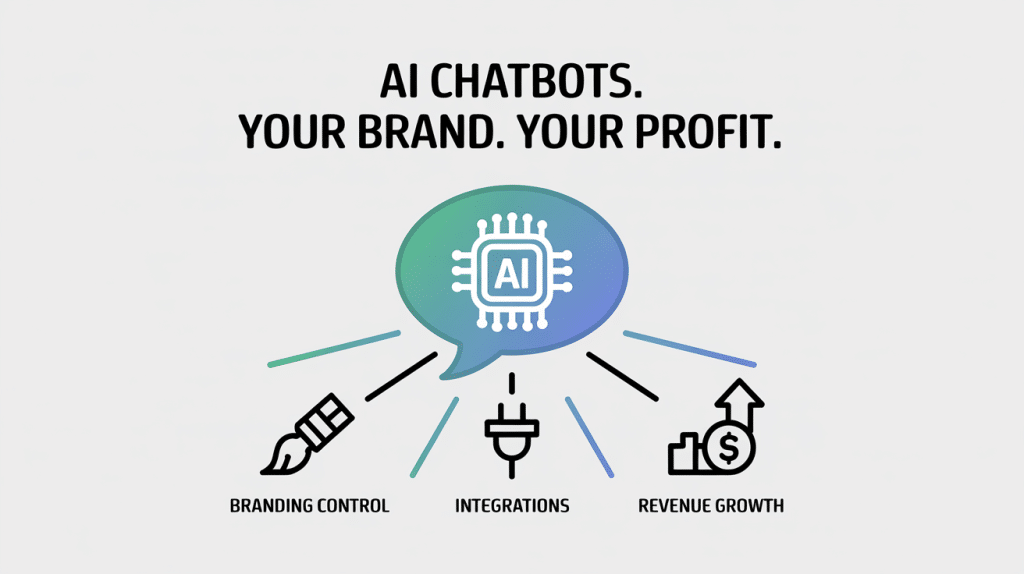 A graphic with the text AI Chatbots. Your Brand. Your Profit.—ideal for Best White Label SaaS platforms—above a speech bubble with a circuit and AI icon, plus icons for branding control, integrations, and revenue growth below.