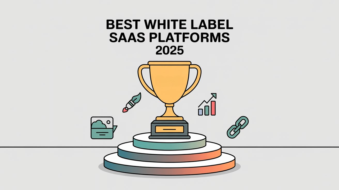 A golden trophy on a three-tiered podium highlights the Best White Label SaaS Platforms, with icons of a cloud, paintbrush, graph, and chain. Text above reads Best White Label SaaS Platforms 2025.