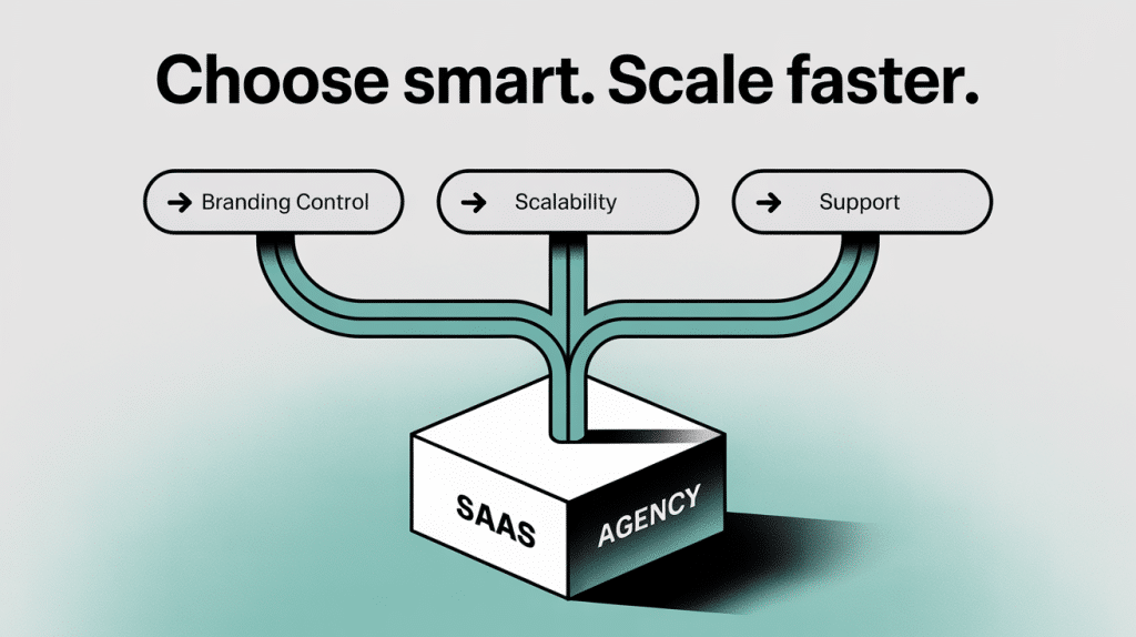 Diagram with the text Choose smart. Scale faster. Three labeled paths—Branding Control, Scalability, Support—branch from a cube labeled SAAS and AGENCY, highlighting the benefits of Best White Label SaaS platforms for agencies.