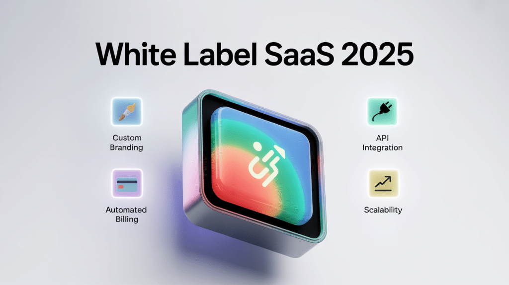 A 3D icon with a stylized SaaS logo is surrounded by four features: Custom Branding, Automated Billing, API Integration, and Scalability. Large text above reads “Best White Label SaaS platforms 2025” on a light background.