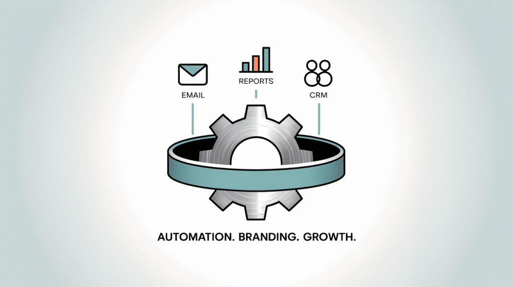 A gear with icons above it for email, reports, and CRM symbolizes automation powered by the Best White Label SaaS platforms. Text below reads: AUTOMATION. BRANDING. GROWTH. The background is light with a subtle gradient.