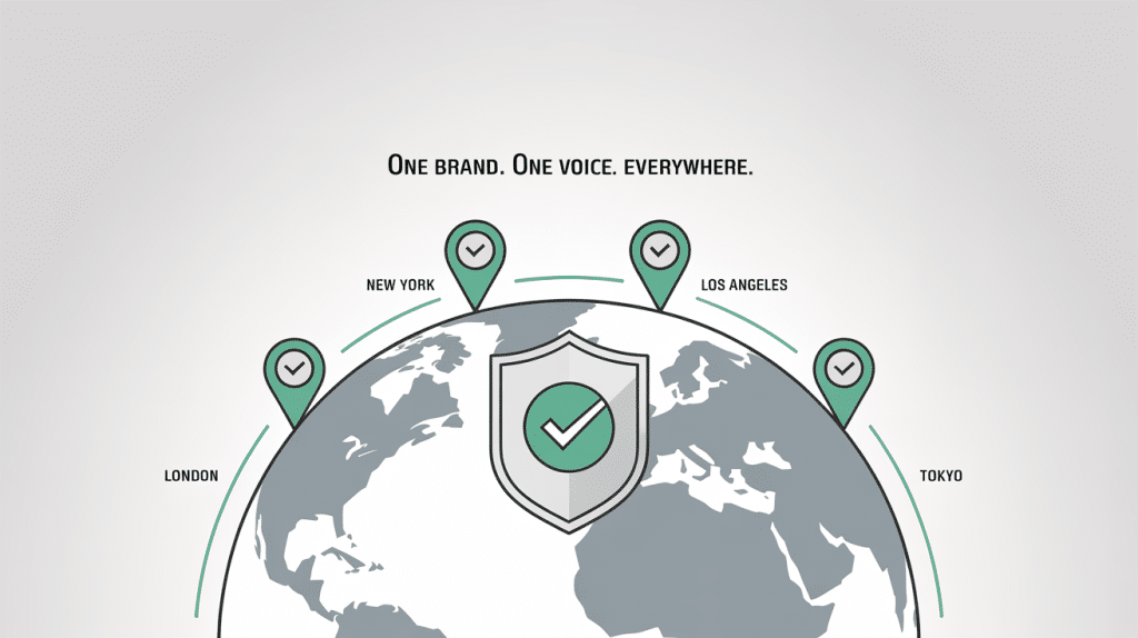 Illustration of a globe with pins on London, New York, Los Angeles, and Tokyo. A shield with a checkmark is at the center. Text above reads: One brand. One voice. Everywhere—with multi-location review management software.