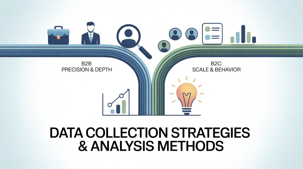 A split graphic highlights b2c vs b2b: B2B (briefcase, person, magnifying glass) for Precision & Depth, and B2C (profiles, chart, lightbulb) for Scale & Behavior. Title: Data Collection Strategies & Analysis Methods.