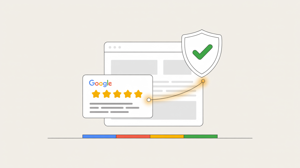 Illustration of a web browser window with a shield and checkmark, connected to a Google review card showing five stars, highlighting how reviews affect Google rankings by symbolizing trust and positive online reputation.