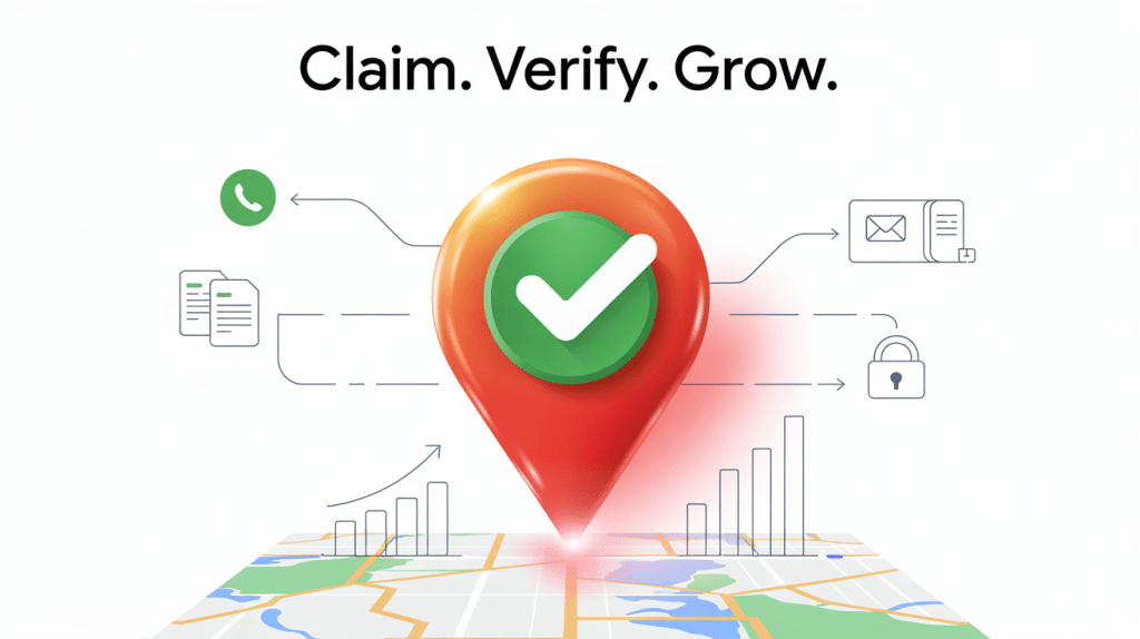 A large map pin with a green checkmark hovers over a map with bar and line graphs, highlighting Google Business Profile optimization. Icons for phone, documents, email, website, and a padlock connect to the pin. Text above reads: Claim. Verify. Grow.