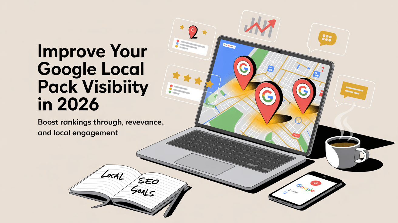 A laptop displays a map with Google location pins, highlighting Google Local Pack visibility. Floating nearby are icons for reviews, graphs, and chats. A coffee cup, a notebook labeled Local SEO Goals, and a smartphone complete the scene.
