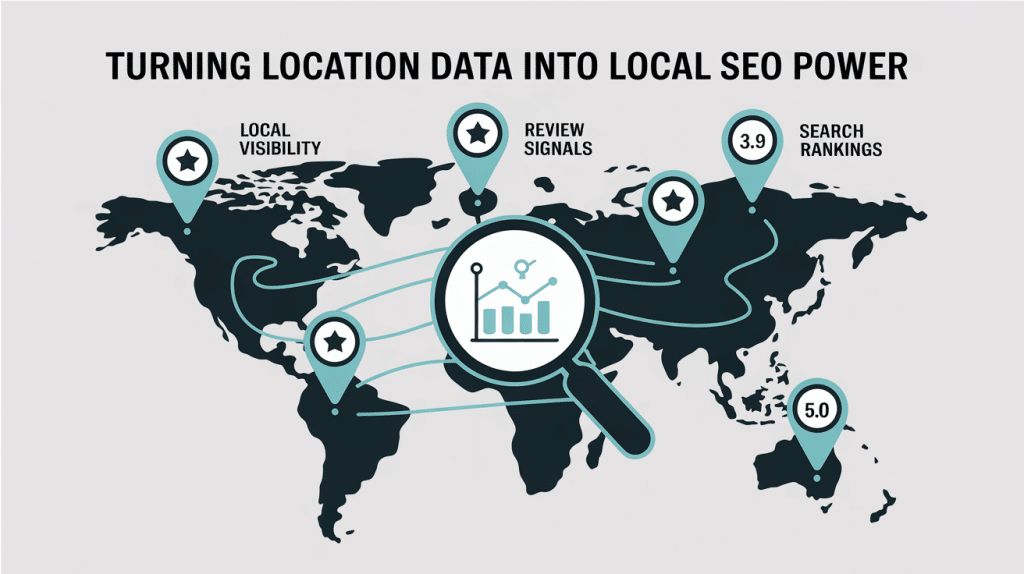 A world map with location pins highlights local visibility, review signals, search rankings, and ratings. A magnifying glass with chart icons symbolizes how multi-location review management software turns data into local SEO power.