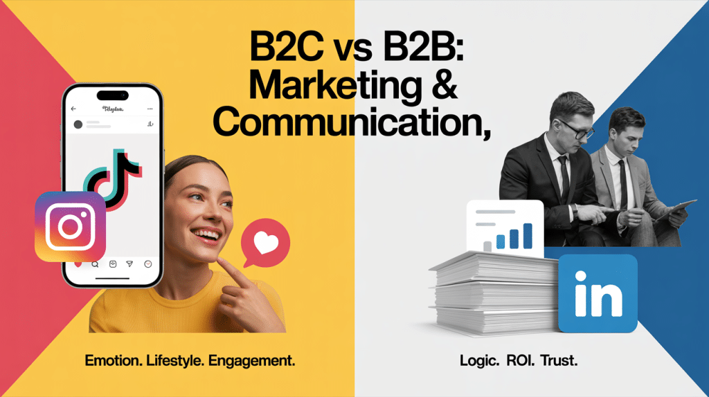 Split image: Left side features a smiling woman with Instagram and TikTok icons, labeled Emotion. Lifestyle. Engagement. Right side shows two men in suits with LinkedIn icon and paper stacks, labeled Logic. ROI. Trust. Title: b2c vs b2b Marketing & Communication.