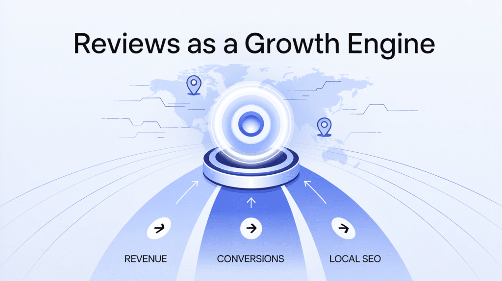 An infographic titled Reviews as a Growth Engine highlights the importance of Google reviews, showing a futuristic dial with arrows to Revenue, Conversions, and Local SEO against a world map background with location icons and circuit lines.