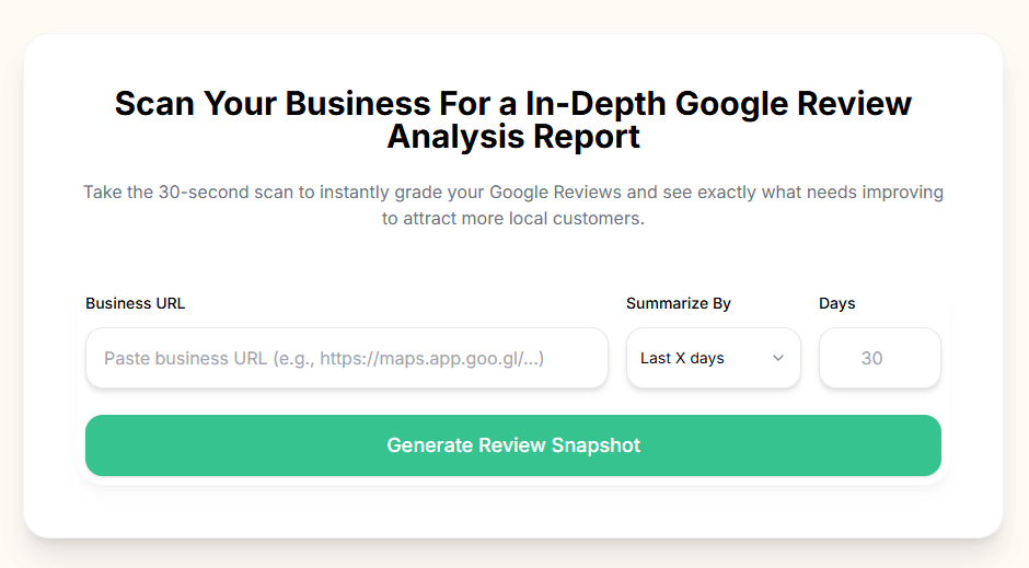 A form titled “Scan Your Business For a In-Depth Google Review Analysis Report” asks for a business URL, summary period, and days, with a green “Generate Review Snapshot” button below.