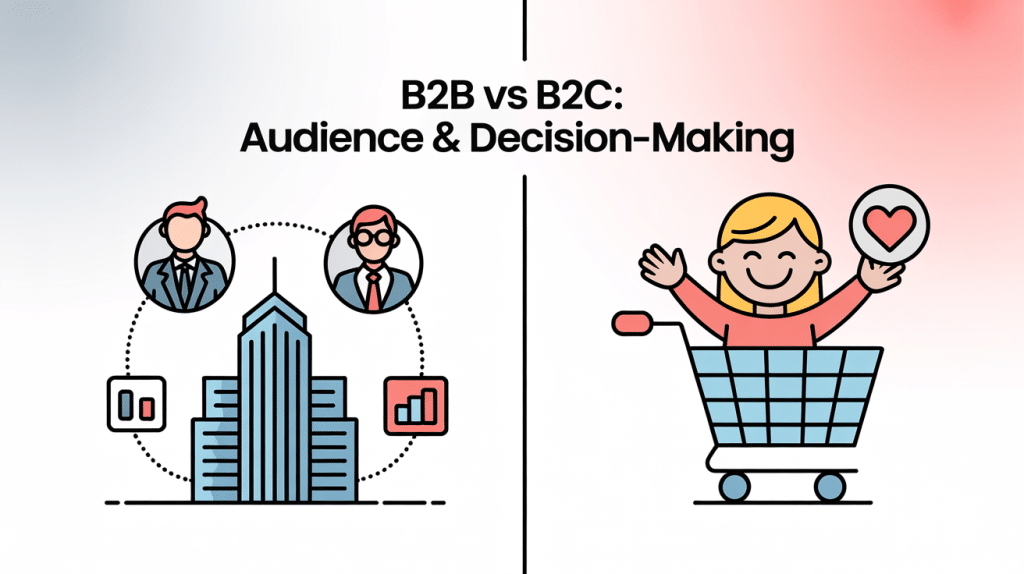Split image: left shows businesspeople and a skyscraper (b2b concept), right shows a smiling person in a shopping cart holding a heart (b2c concept). Caption reads: b2c vs b2b—Audience & Decision-Making.