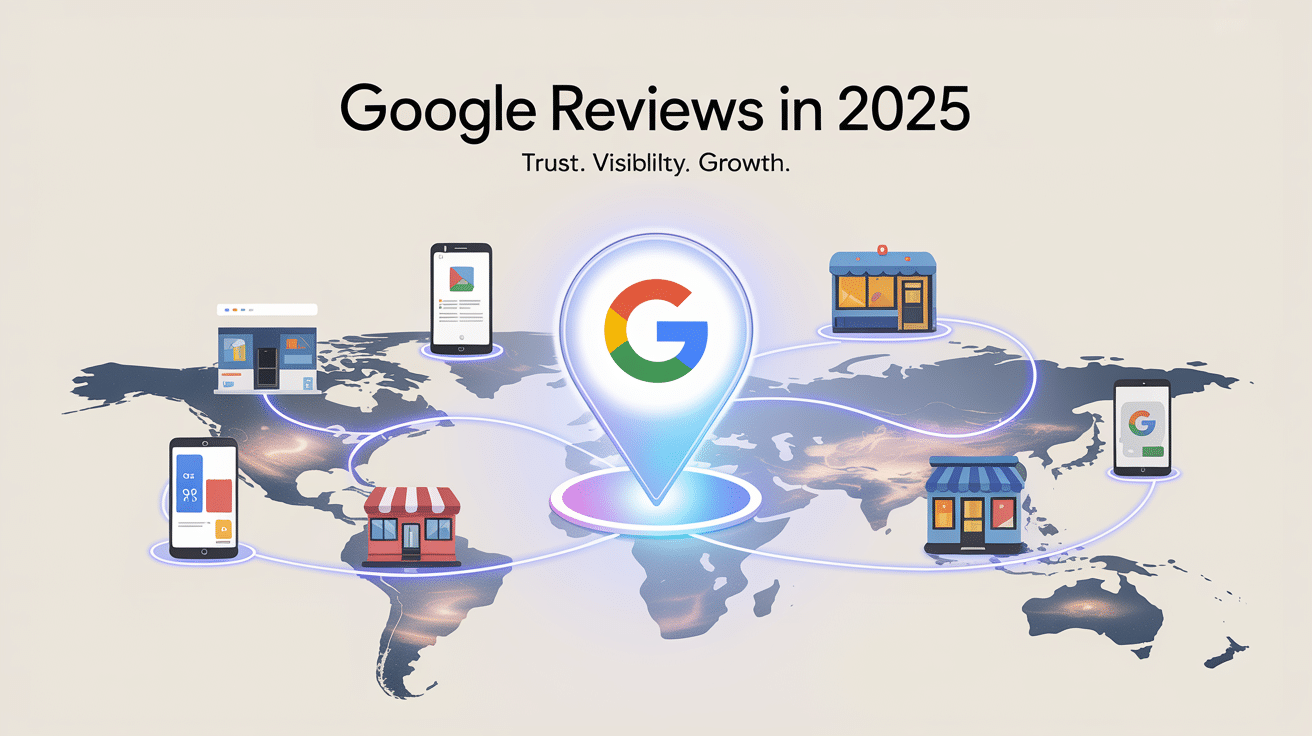 A map with a large Google location pin in the center, surrounded by shops and devices connected by glowing lines, highlighting the importance of Google Reviews in 2025: Trust. Visibility. Growth.