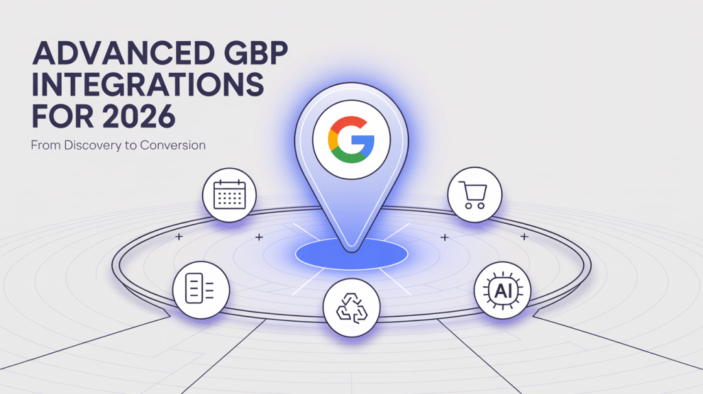 A graphic with the title Advanced GBP Integrations for 2026 – From Discovery to Conversion, featuring a large Google map pin in the center, surrounded by icons for a calendar, shopping cart, list, recycling, AI, and Google Business Profile optimization.