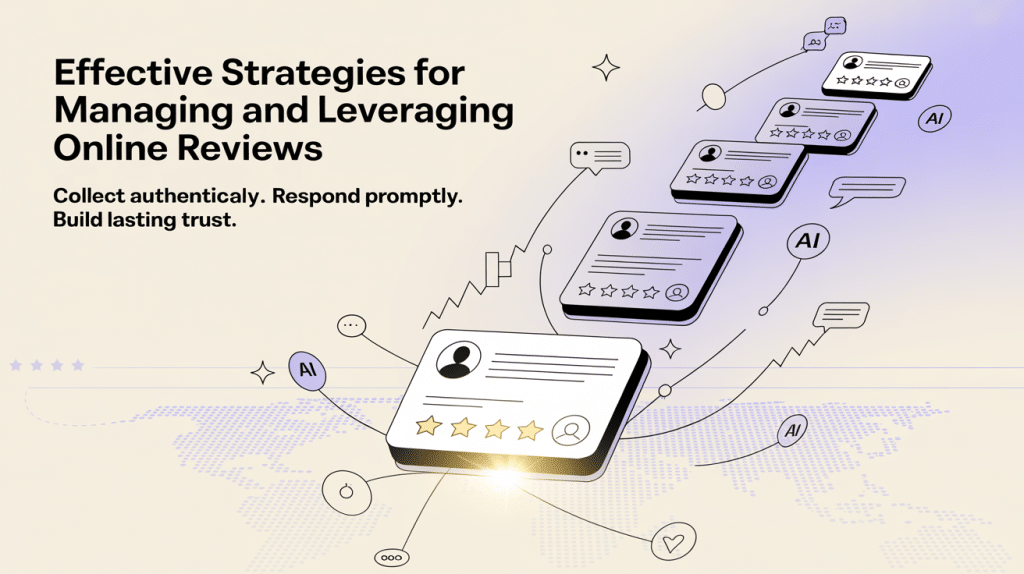 Graphic showing illustrated online review cards with star ratings, AI symbols, and the text: “Effective Strategies for Managing and Leveraging Online Reviews to boost Google Local Pack visibility. Collect authentically. Respond promptly. Build lasting trust.”.