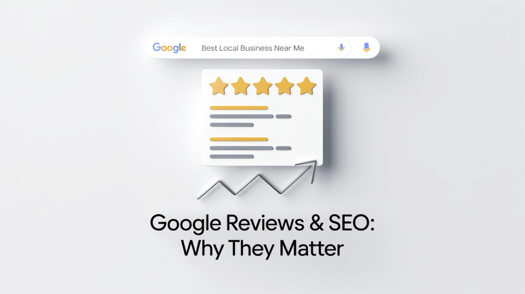 A Google search bar displays Best Local Business Near Me. Below it is a five-star review graphic, text lines, an upward arrow, and the caption How Reviews Affect Google Rankings & SEO: Why They Matter.