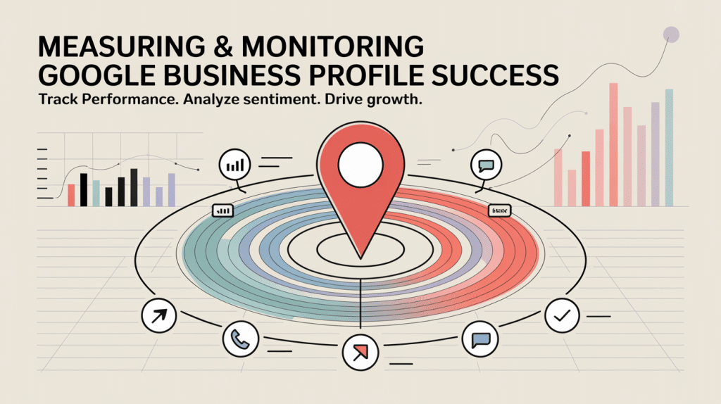 A colorful infographic features a map pin at the center, surrounded by icons for analytics, messages, reviews, ratings, and calls—perfectly illustrating Google Business Profile optimization tracking and monitoring for success.