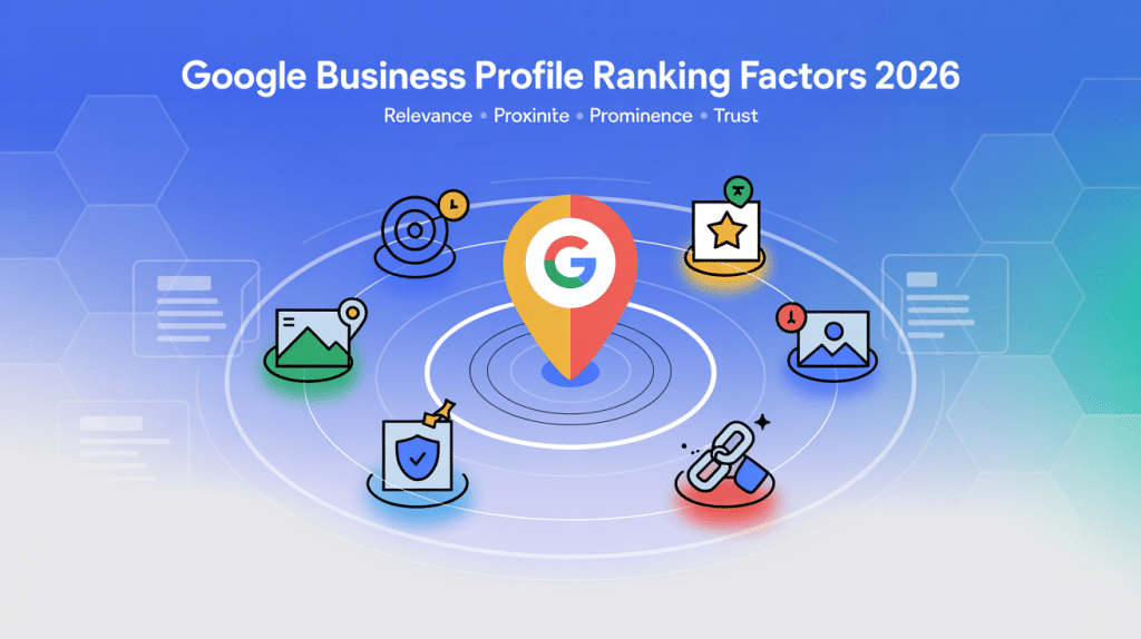 Infographic titled Google Business Profile Ranking Factors 2026 features a central Google pin with icons for reviews, photos, security, links, and customer trust, highlighting relevance, proximity, prominence, trust, and Google Business Profile optimization.