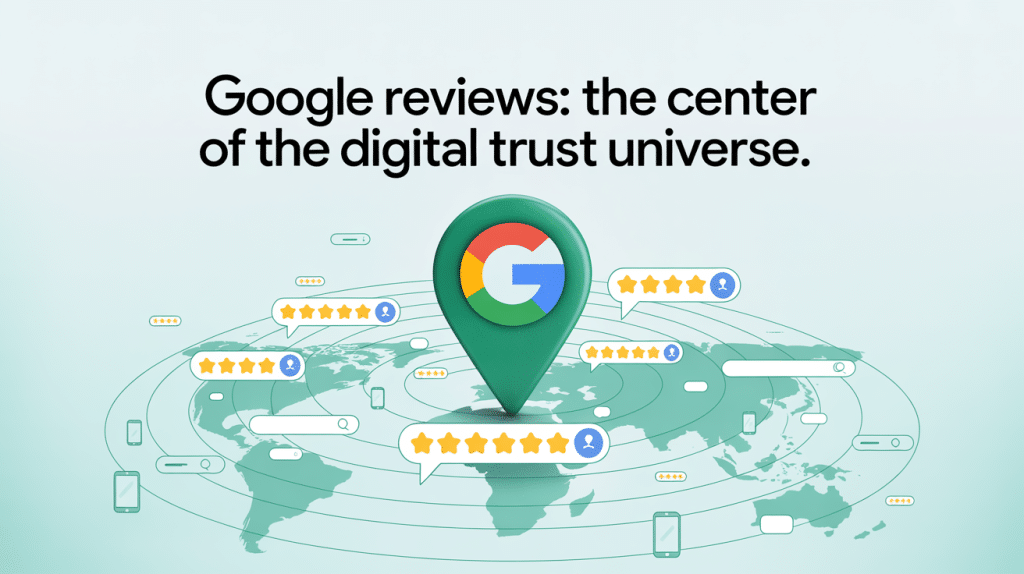 A Google location pin with the logo is centered on a world map, surrounded by digital review icons and star ratings. Text above highlights the importance of Google reviews as the center of the digital trust universe.