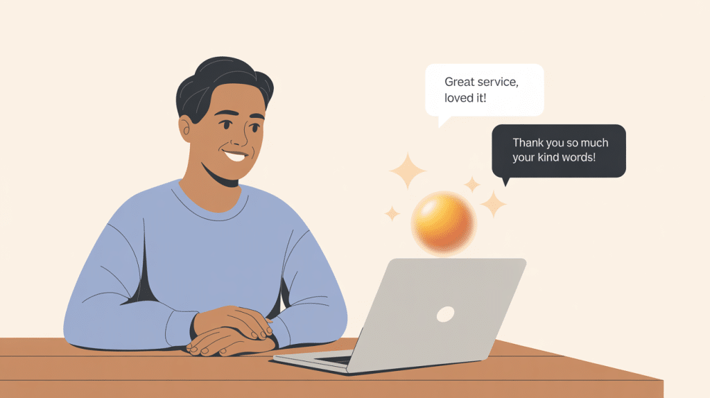 Illustration of a smiling person sitting at a table with a laptop, using AI Review Generation Tools. Speech bubbles above the laptop read, Great service, loved it! and Thank you so much, your kind words! A glowing orb floats by the screen.