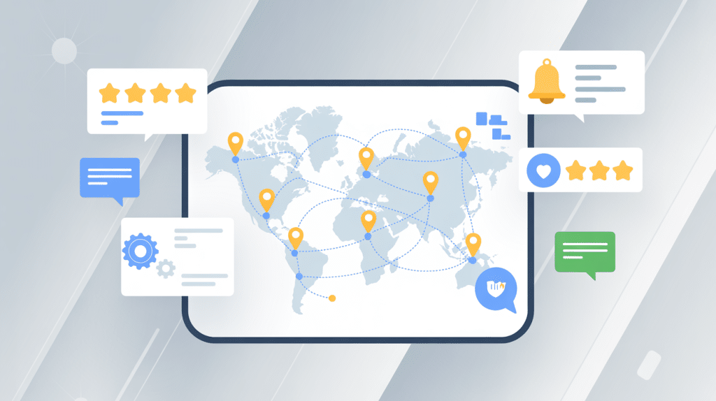 A world map with location pins and dotted connection lines, surrounded by icons of chat bubbles, gears, stars, a bell, and a book—symbolizing global communication, networking, and agency tools for Google reviews and information exchange.
