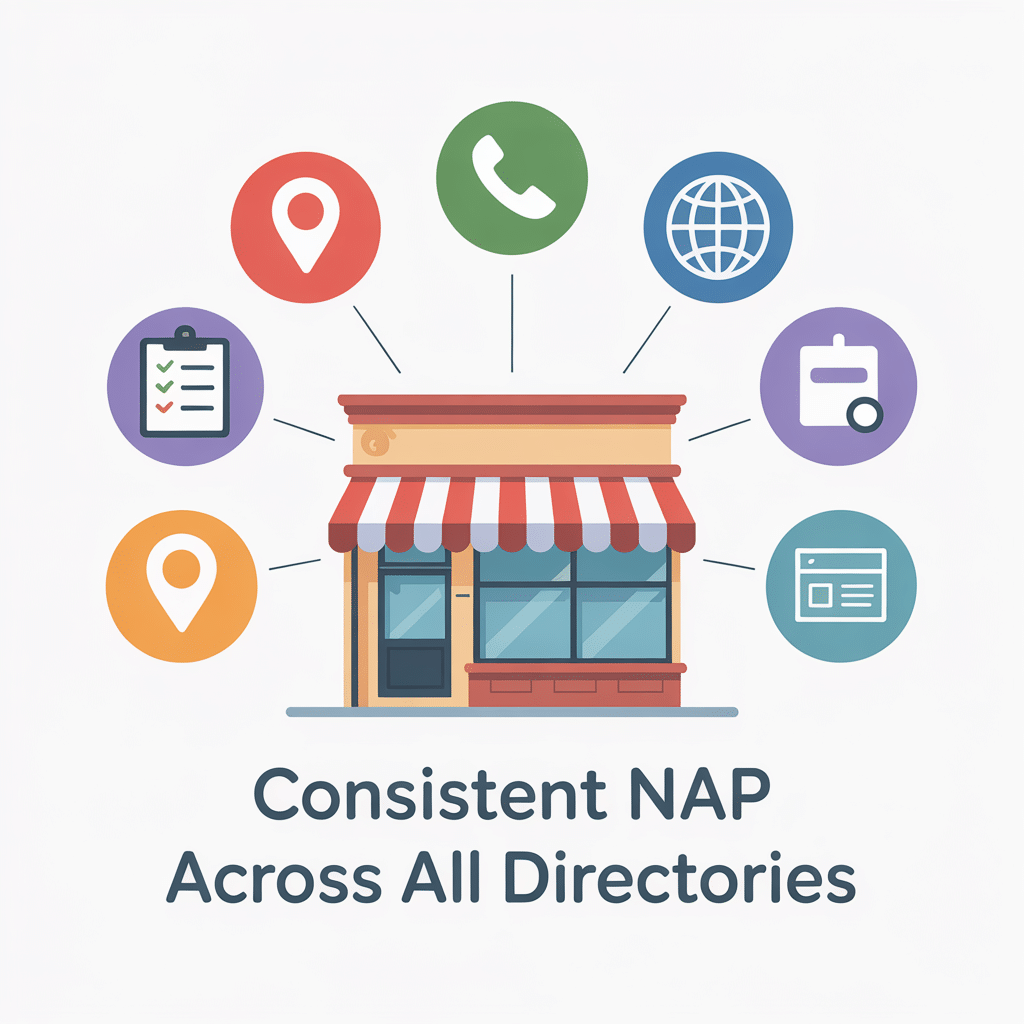 Illustration of a storefront surrounded by icons for location, phone, web, and business details, emphasizing “Consistent NAP Across All Directories” to highlight the importance of consistent business information for effective Reputation Management.