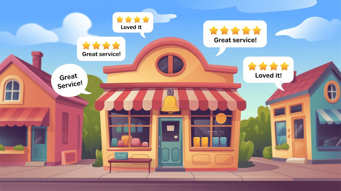 A small shop with red and white striped awning displays positive customer reviews and five-star ratings in speech bubbles, showcasing great Business Reputation Management against a sunny, colorful street background.