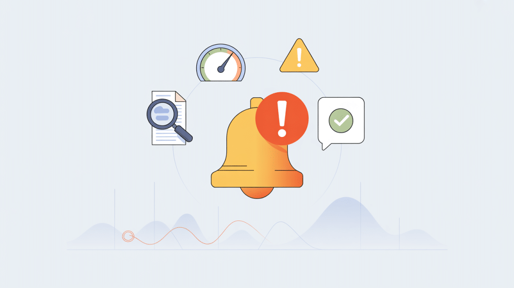 An illustration of a notification bell with an exclamation mark, surrounded by icons including a checklist and magnifying glass over a document, symbolizing alerts, monitoring, and Ethical AI Review Creation.