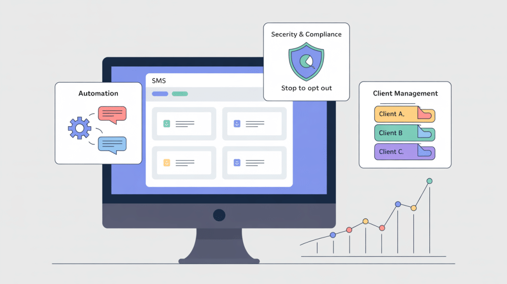 A computer monitor displays a White-Label SMS Tools management interface. Surrounding icons represent automation, security and compliance, client management, and a rising line graph indicating growth or analytics.