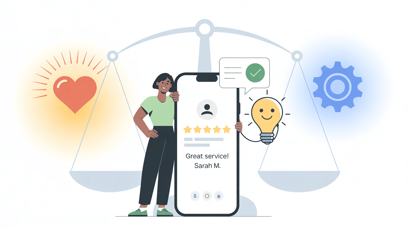 Illustration of a woman standing next to a large smartphone displaying a five-star review, a profile picture, and “Great service! Sarah M.” Ethical AI Review Creation icons—a heart, lightbulb, checkmark, and gear—surround her.