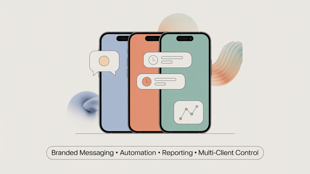 Three smartphones with colorful screens display chat bubbles, notifications, and a graph icon. Abstract shapes are in the background. Text below reads: White-Label SMS Tools • Automation • Reporting • Multi-Client Control.