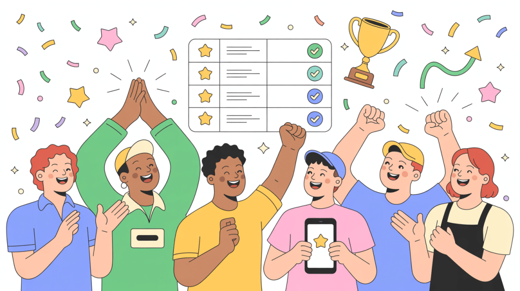 Six diverse people celebrate a team achievement with high-fives and cheers. Confetti falls as a checklist with stars, a trophy, and upward arrows appear—symbolizing success powered by innovative AI Review Generation Tools.